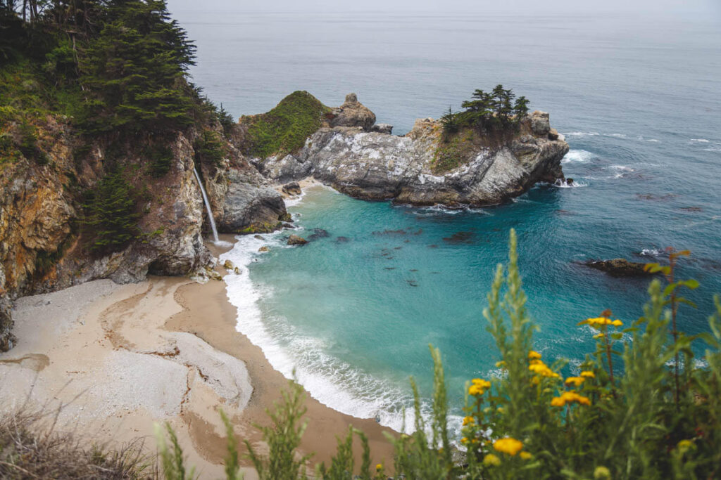 McWay Falls, a waterfall dumping into the ocean.