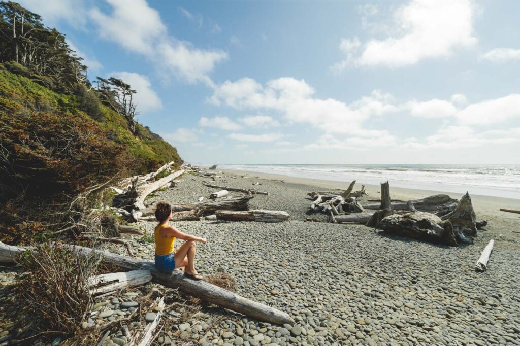 Nina sitting on driftwood on Kalaloch Beach Washington
