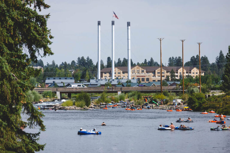 Floating the Deschutes with views of Old Mill in Bend Oregon.