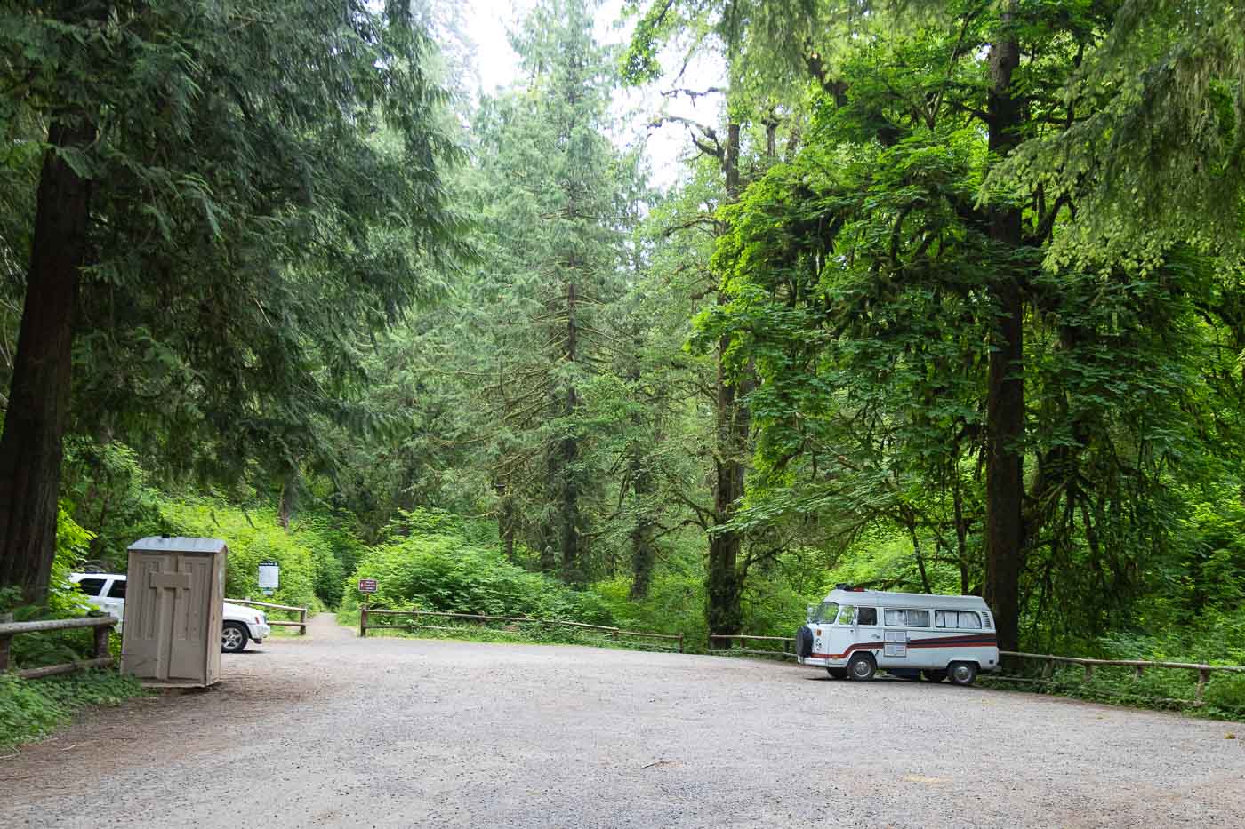 Munson Creek Falls parking area with Lucy, our VW bus parked in it.