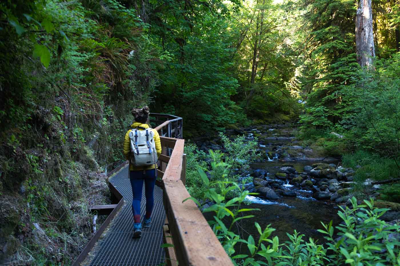 Nina walking along a boardwalk along Sweet Creek.