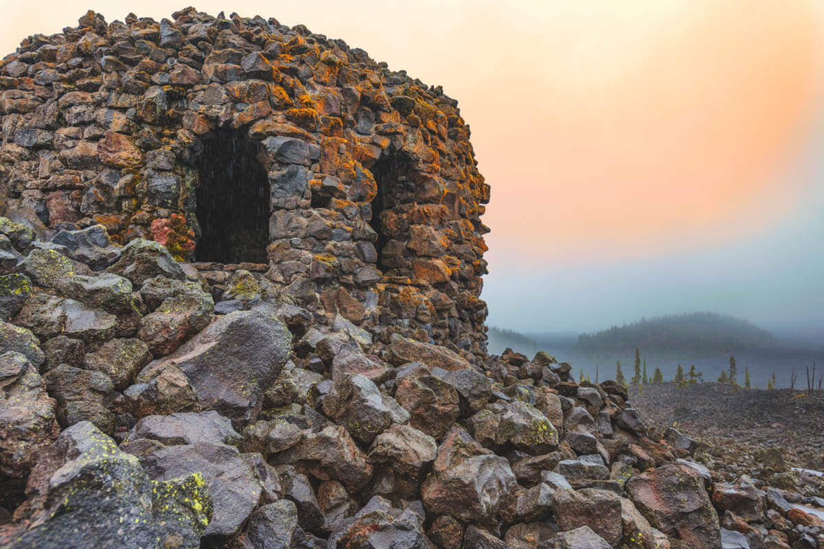 Lava-rock Dee Wright Observatory at the summit of McKenzie Pass in Oregon