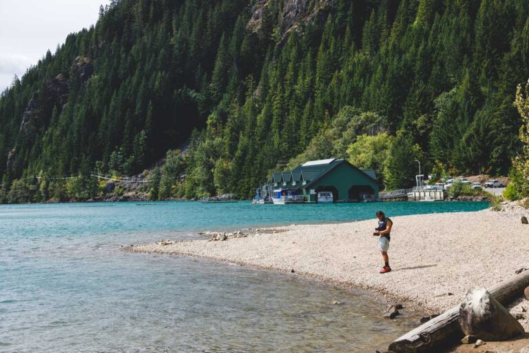 Turquoise water and pebble beach at Diablo Lake along the North Cascades Highway in Washington