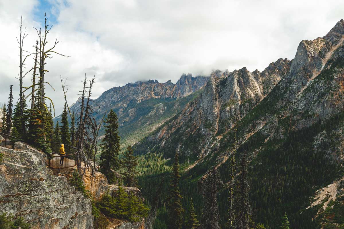 View of jagged peaks from the Washington Pass Overlook viewpoint along SR-20