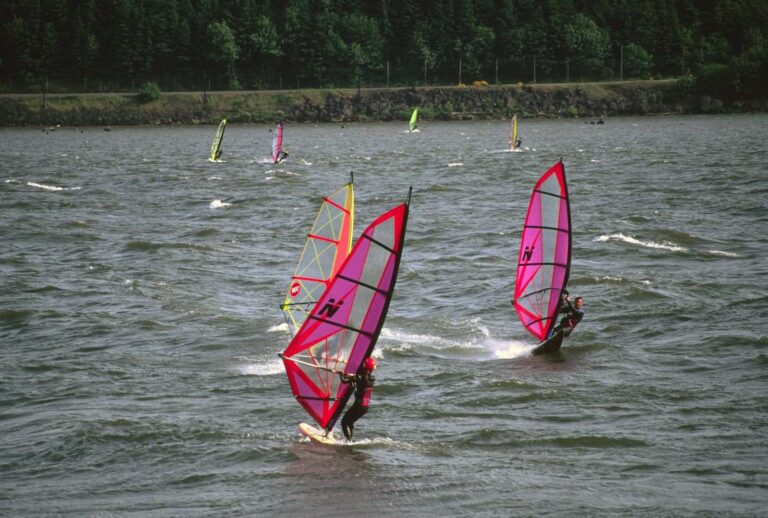 Windsurfer sailing on the Columbia River near Hood River, Oregon
