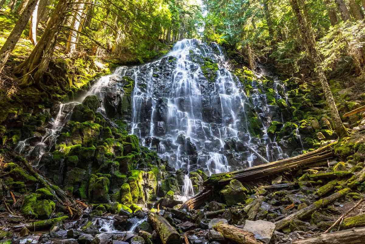 Ramona Falls cascading over mossy rock on Mount Hood in Oregon