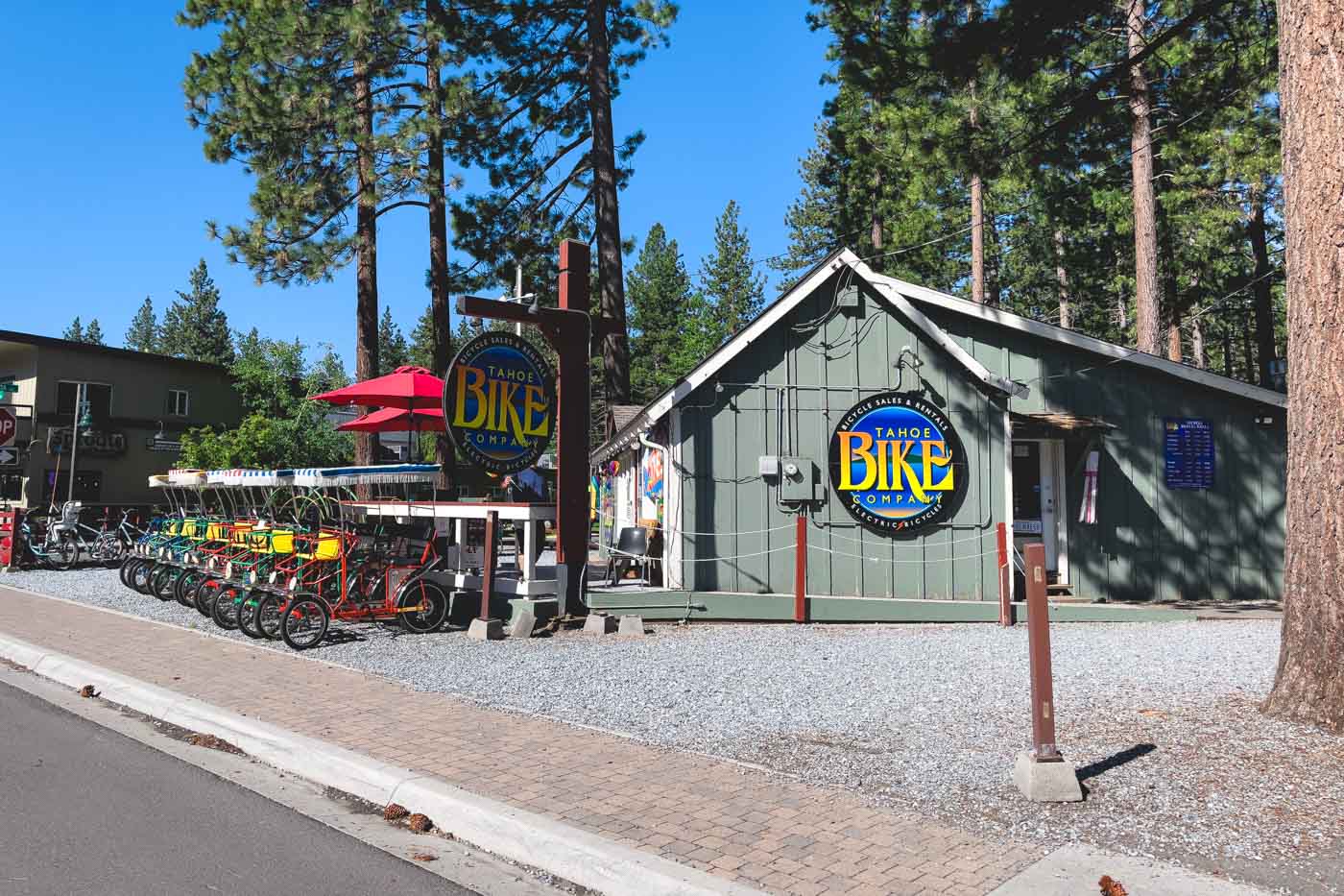 Rental bikes lined up near South Lake Tahoe, California