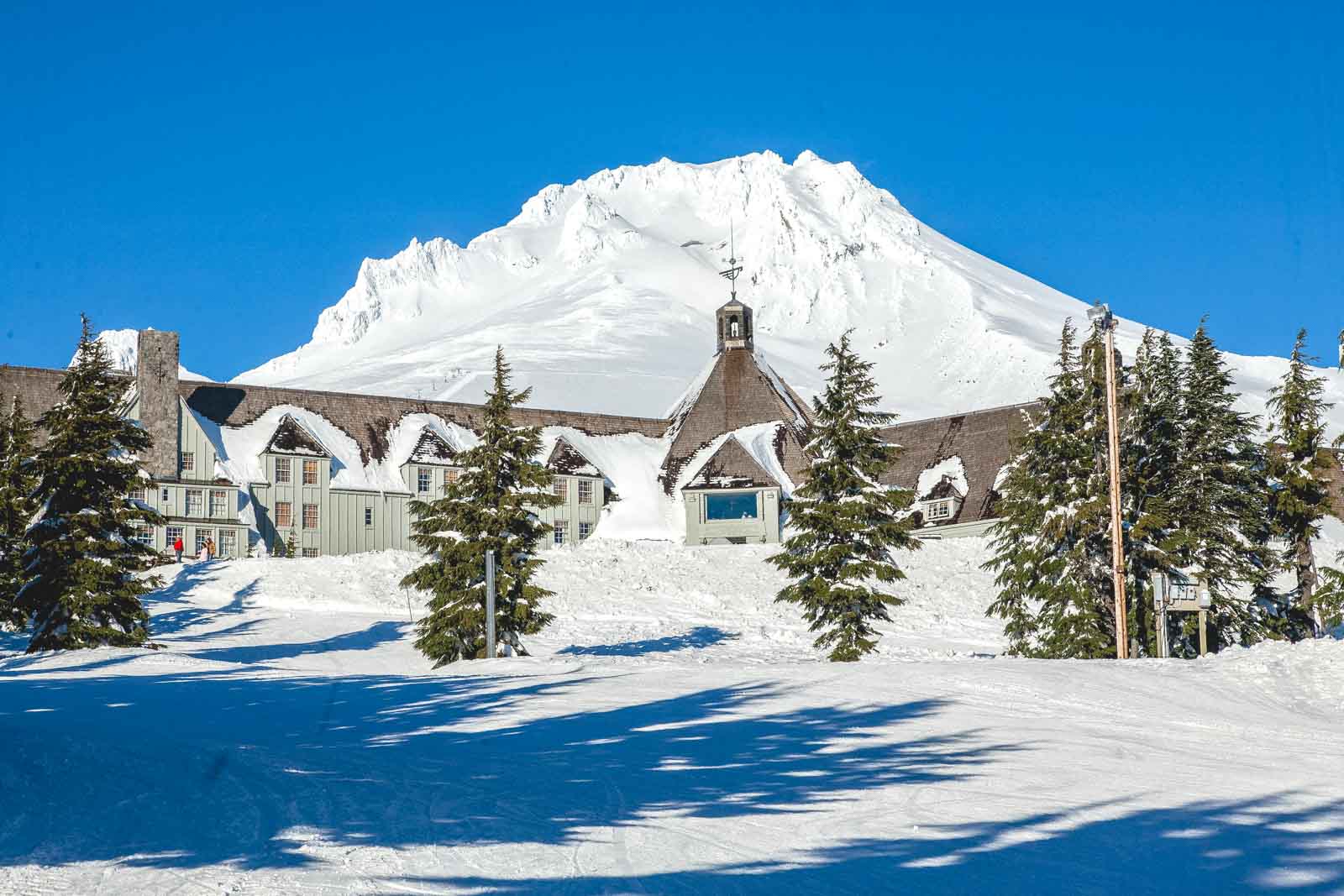 Timberline Lodge ski area with Mount Hood rising behind it