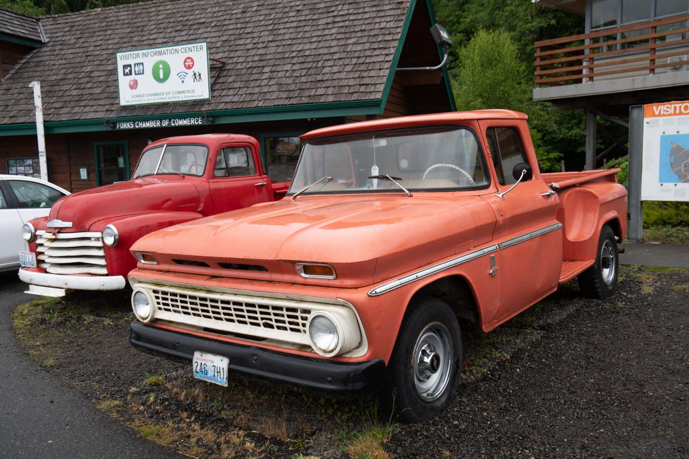 Bella's red truck from Twilight parked in Forks, Washington