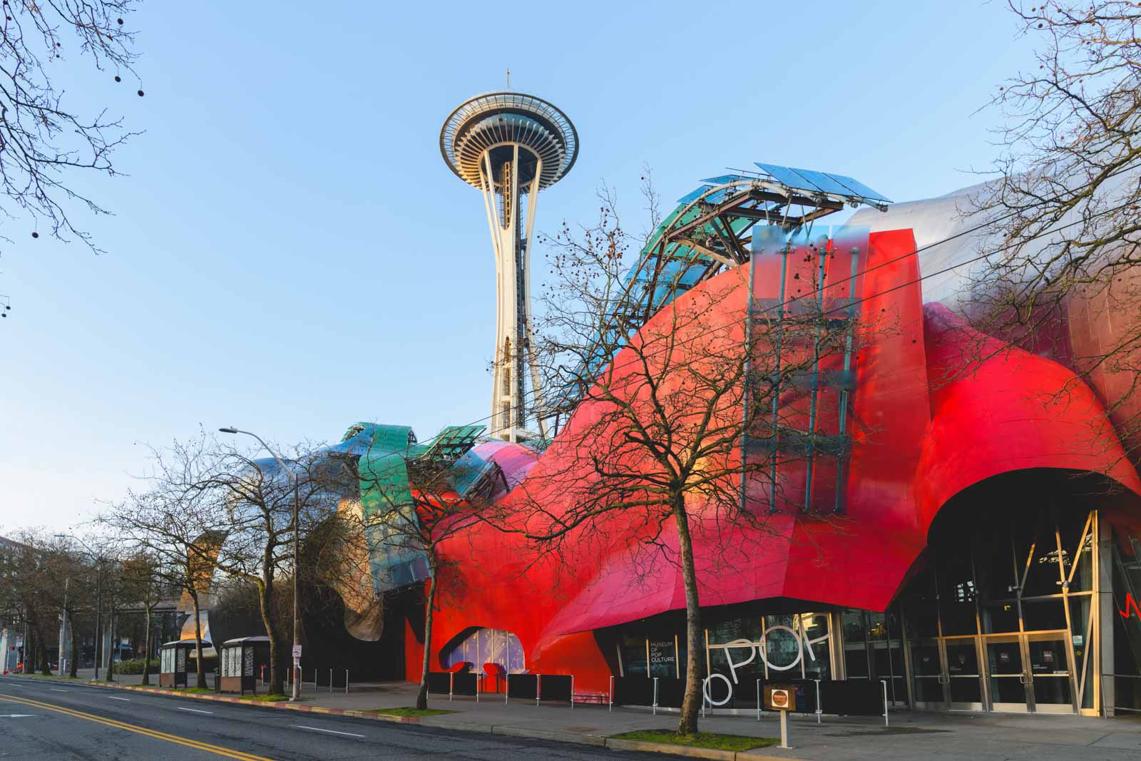 Museum of Pop Culture and the Space Needle in Seattle, Washington